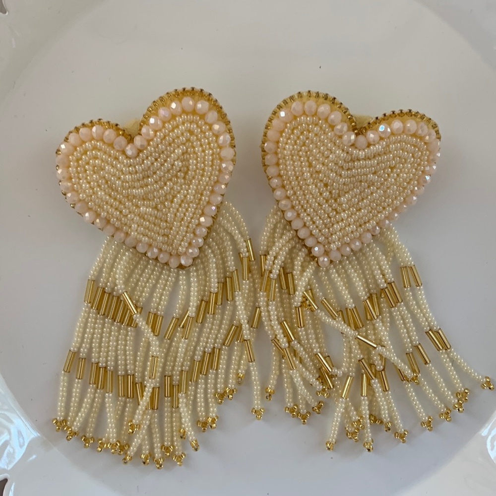 Beaded heart earrings with long tassels